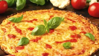 Pyszna pizza z kalafiora, z ciągnącym się serem i świeżą bazylią, otoczona pomidorami i różyczkami kalafiora.