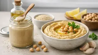 Pyszny hummus z ciecierzycą i natką pietruszki. Obok słoik z tahini, oliwa, cytryna i czosnek. Tahini co to? To pasta sezamowa, kluczowy składnik hummusu.