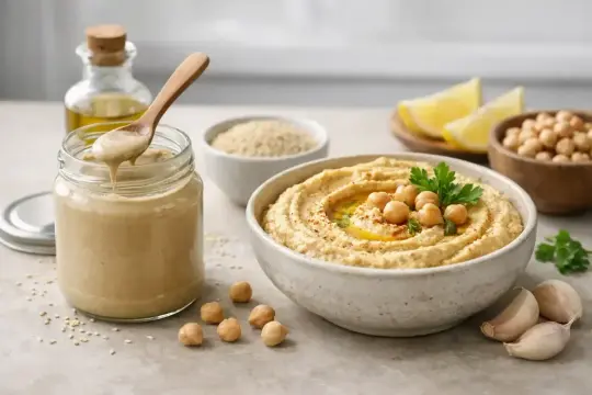Pyszny hummus z ciecierzycą i natką pietruszki. Obok słoik z tahini, oliwa, cytryna i czosnek. Tahini co to? To pasta sezamowa, kluczowy składnik hummusu.