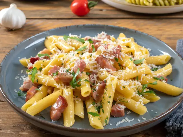 Szybki obiad z makaronem penne, boczkiem i parmezanem. Idealne danie, gdy brakuje czasu na gotowanie.
